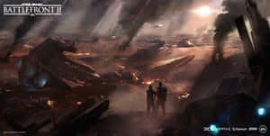 A Stormtrooper Stands Atop A Wreckage Of A Fighter Plane During The Battle Of Jakku. Wallpaper