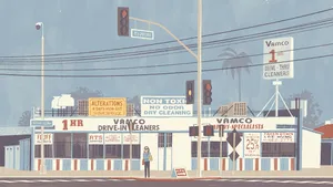 A Street Scene With A Building And A Street Sign Wallpaper