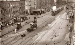 A Street With A Train And Horses Wallpaper