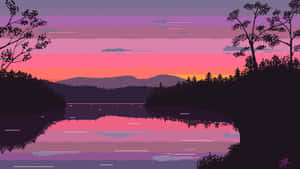 A Sunset Over A Lake With Trees And Mountains Wallpaper