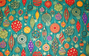 A Teal Fabric With Many Christmas Ornaments On It Wallpaper