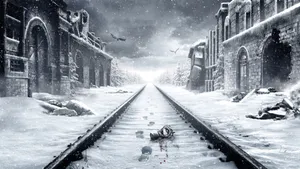 A Train Tracks With Snow And A Bloody Scene Wallpaper