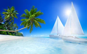 A Tranquil Beach Scene With White Sands And A Glittering Sea Wallpaper