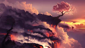 A Tree On A Cliff With Lava And A Sunset Wallpaper