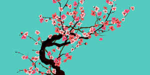 A Tree With Pink Flowers On A Blue Background Wallpaper