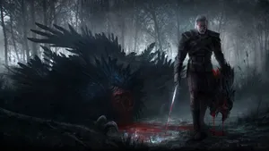 A Triumphant Geralt Of Rivia Beheading A Monster In The Witcher 3 Wallpaper