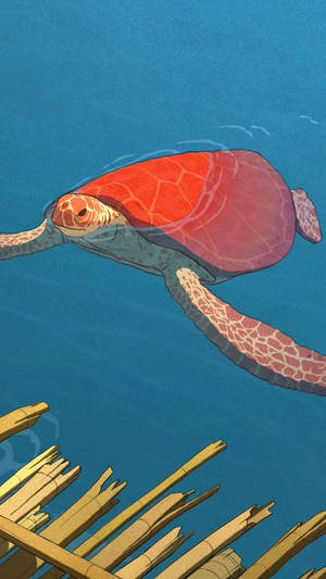 A Turtle Swimming In The Ocean Near A Wooden Pier Wallpaper