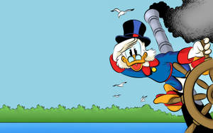 A Vibrant Illustration Of Scrooge Mcduck Piloting A Ship Wallpaper