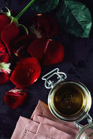 A Vibrant Rose Surrounded By Essential Oil Droplets Wallpaper