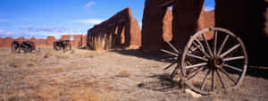 A Wagon Wheel Is In The Desert Wallpaper