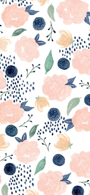 A Watercolor Floral Pattern With Blue Leaves And Pink Flowers Wallpaper