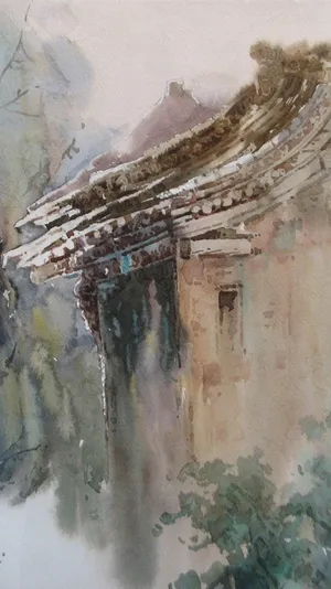 A Watercolor Painting Of A House In The Mountains Wallpaper