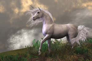 A White Unicorn In The Grass Wallpaper