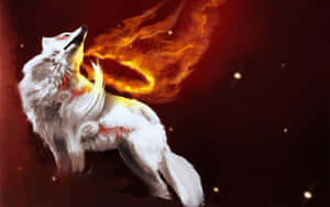 A White Wolf With Flames In Its Mouth Wallpaper