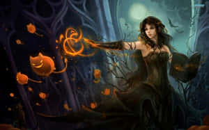 A Witch In Black Holding Pumpkins Wallpaper