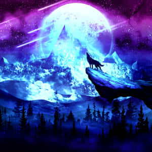 A Wolf Is Standing On A Mountain Top With A Full Moon Wallpaper