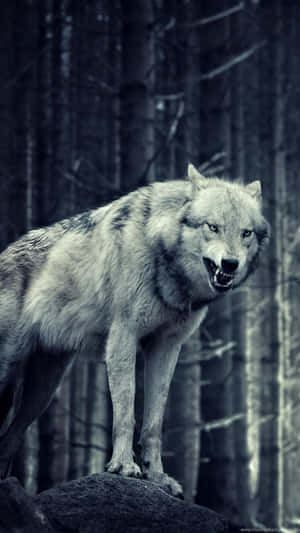 A Wolf Standing On A Rock In The Woods Wallpaper