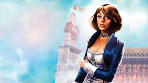 A Woman In A Blue Dress Standing In Front Of A Clock Tower Wallpaper