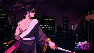 A Woman In A Kimono Holding A Sword In Front Of A City Wallpaper