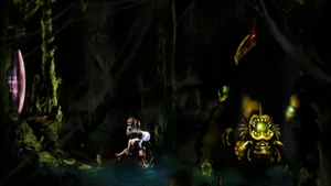 A Woman Is Standing In A Dark Cave Wallpaper