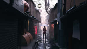 A Woman Is Walking Down A Narrow Alley Wallpaper