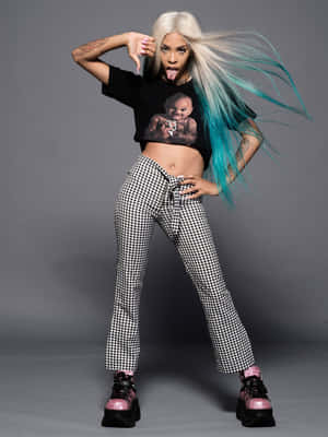 A Woman With Blue Hair And Striped Pants Wallpaper