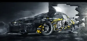 A Yellow And Black Car Is Parked In Front Of A Brick Wall Wallpaper