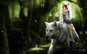 'a Young Girl And Two Mystical Creatures Explore A Mysterious Forest Together' Wallpaper