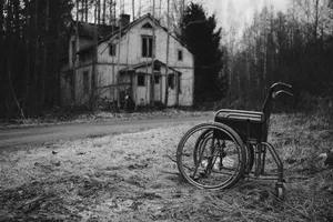 Abandoned Wheelchairand House Wallpaper