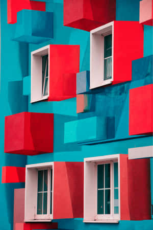 Abstract Geometric Building Facade Red Blue Wallpaper