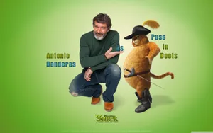 Actor Antonio Banderas And Kitty Softpaws Wallpaper