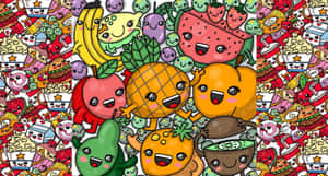 Adorable Kawaii Fruit Characters Enjoying Together Wallpaper