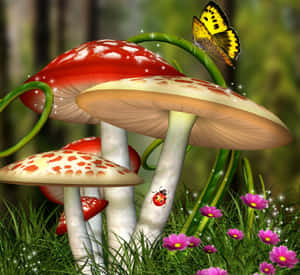 Adorable Kawaii Mushroom In A Magical Forest Wallpaper