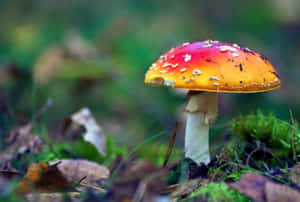 Adorable Kawaii Mushroom In A Whimsical Forest Scene Wallpaper