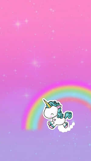 Adorable Kawaii Unicorn With Colorful Rainbow Background Wallpaper