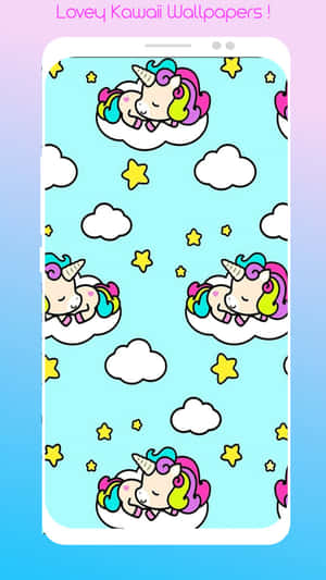 Adorable Kawaii Unicorn With Rainbow And Stars Wallpaper