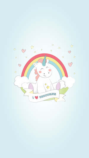 Adorable Kawaii Unicorn With Rainbow Background Wallpaper