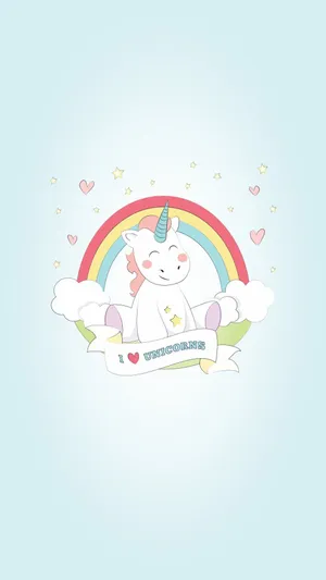 Adorable Kawaii Unicorn With Rainbow Background Wallpaper