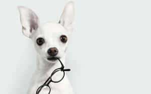 Adorable White Chihuahua Playfully Biting A Pair Of Eyeglasses Wallpaper