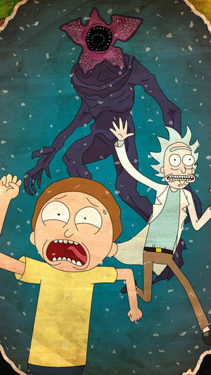 Adventure Unleashed - Rick And Morty With The Demogorgon On The Iphone Wallpaper Wallpaper