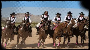 Adventurous Cowgirls Riding Horses At Sunset Wallpaper