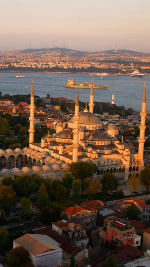 Aerial View Blue Mosque Golden Hours Wallpaper
