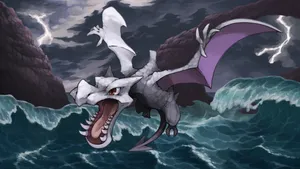 Aerodactyl Flying Over Stormy Waters Wallpaper
