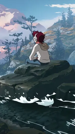 Aesthetic Anime Boy River Mountain Wallpaper