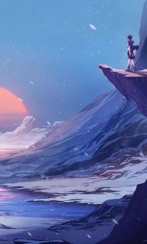 Aesthetic Anime Man On Snowy Cliff Phone Wallpaper