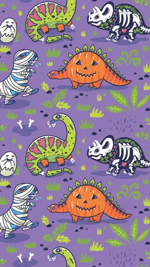 Aesthetic Cute Halloween Dinosaurs Vector Art Wallpaper