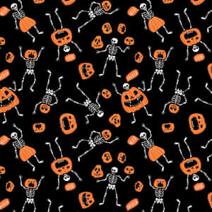 Aesthetic Cute Halloween Skeletons Pumpkins Dance Wallpaper