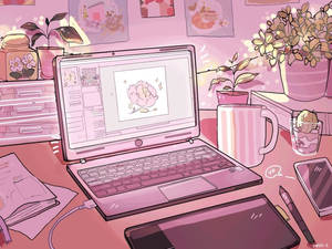 Aesthetic Girly Work From Home Setup Wallpaper