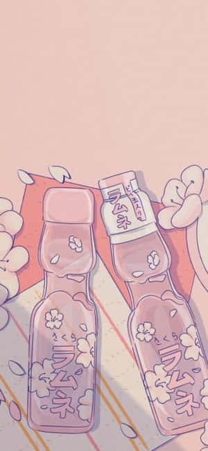 Aesthetic Pink Kawaii Bottled Drinks Wallpaper