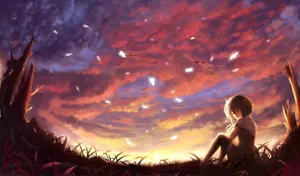 Aesthetic Sad Anime Girl Red Sky Wallpaper